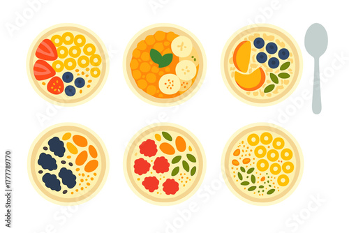 Six healthy breakfast bowls featuring oatmeal, porridge, and cereal topped with fresh fruits, berries, nuts, and seeds