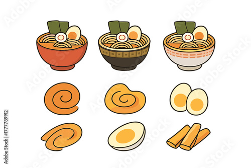 Traditional Japanese ramen bowls set with noodles, eggs, fish cakes, and assorted ingredients