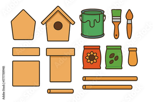 Birdhouse construction kit elements with paint, brushes, and seed bags for DIY project