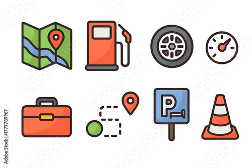 Line icons representing essential road trip elements like navigation, gas station, tire, and speedometer
