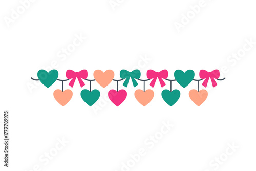 Festive decorative banner featuring colorful hearts and bows strung together on a line