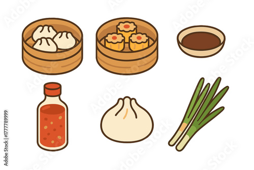 Traditional Chinese dim sum meal set featuring steamed dumplings, bao buns, soy sauce, and fresh green onions