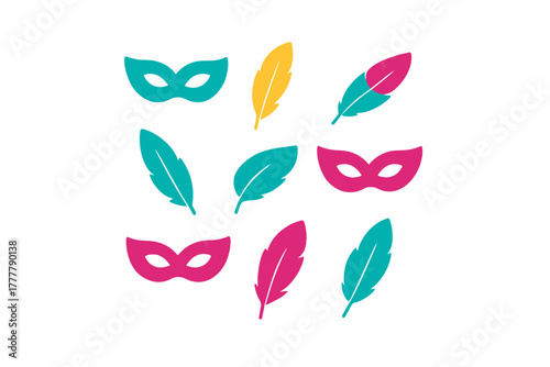 Brightly colored carnival masks and decorative feathers scattered on a white background