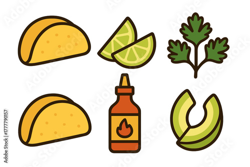 Essential elements for Mexican food preparation including tacos, fresh lime, avocado, and spicy sauce