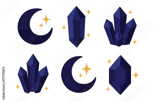 Mystical dark blue geometric crystals and crescent moons with golden sparkles