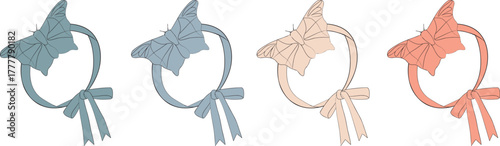 A charming collection of vintage-style bonnets with large bows and ribbons, illustrated in a soft pastel color palette