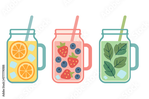 Three colorful fruit and herb infused beverages served in handled glass jars with straws and ice