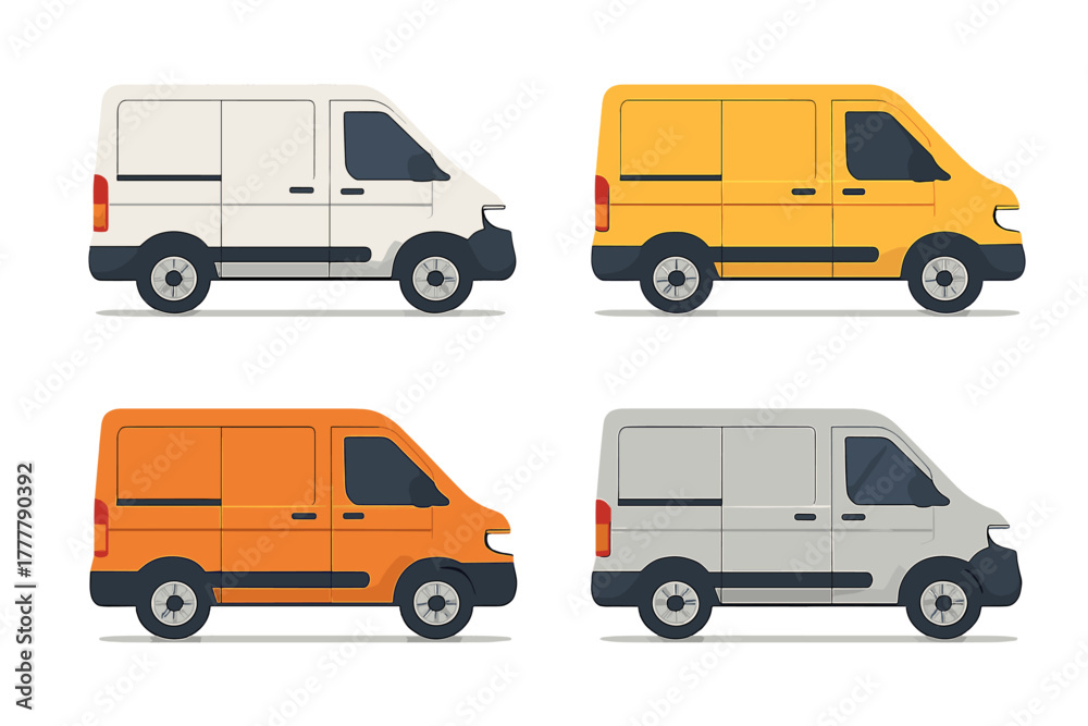 Fototapeta premium Four different colored commercial cargo delivery vans for transportation logistics