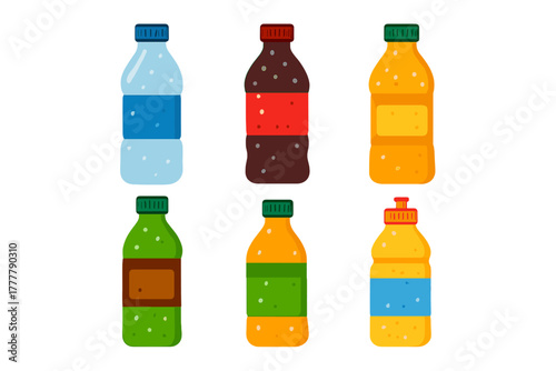 Set of six colorful plastic bottles containing various refreshing drinks and beverages