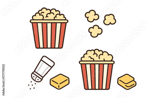 Collection of classic striped popcorn containers, salt shaker, and butter blocks