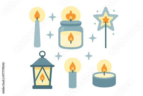 Set of glowing candles, decorative lantern, jar light, and magic star wand