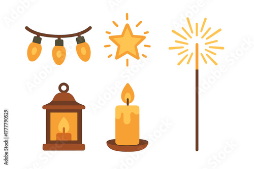 Festive holiday light sources set including glowing star, string lights, candle, lantern, and sparkler