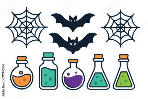 Set of Halloween symbols featuring dark bats, cobwebs, and various laboratory flasks filled with colorful liquids