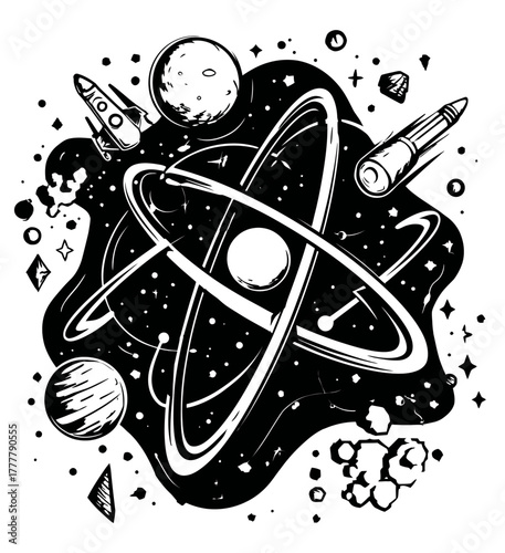 Monochrome Atom and Space Graphic: Scientific Orbiting Nucleus with Planets, Rockets, Stars, and Cosmic Elements