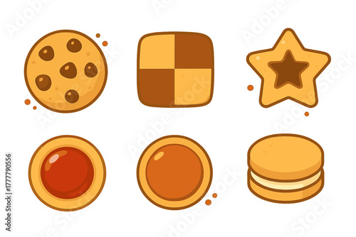 Assortment of baked sweet cookies and biscuits including chocolate chip, star, and jam sandwich designs