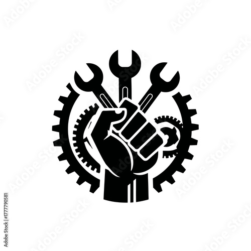 Strong Clenched Fist Holding Wrenches in a Gear Symbol Vector Graphic. Represents Labor, Industry, Engineering, and Repair.