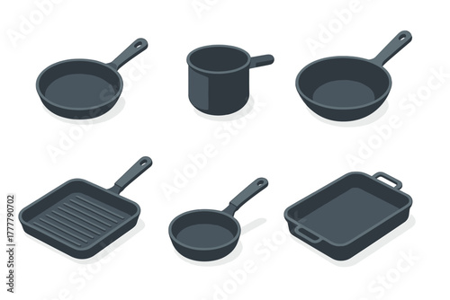 Isometric set of various cast iron kitchen cookware including frying pans grill skillet and roasting dish