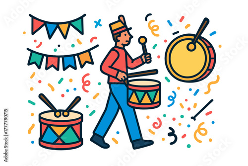 Festive marching band drummer playing snare drum with colorful confetti background