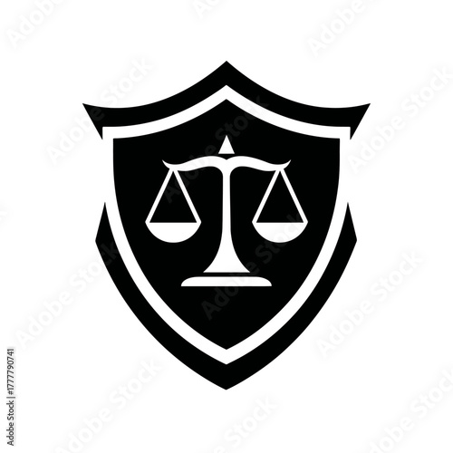 Modern black shield with scales of justice icon, representing legal protection, law, balance, equity, and security graphic design.