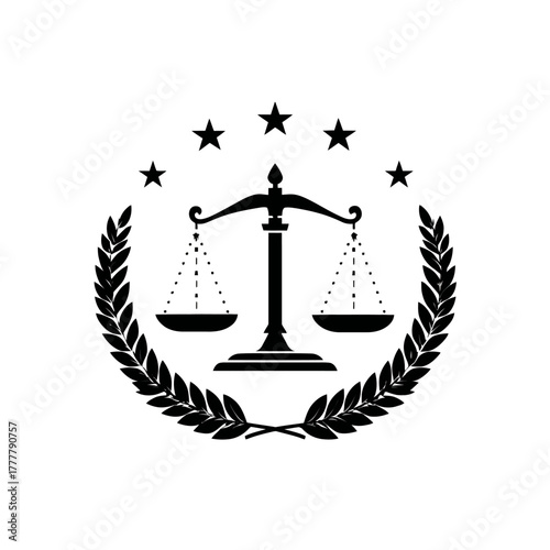 Scales of justice emblem with laurel wreath and stars. Legal system symbol, law, equality, and balance concept. Black silhouette.