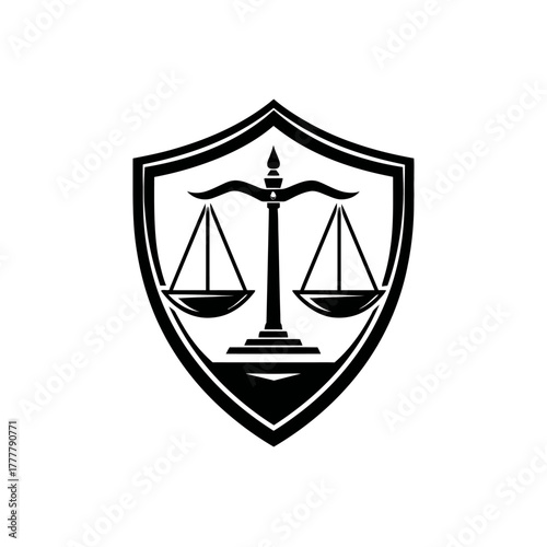 Scales of justice inside a protective shield emblem, symbolizing law, legal services, equality, fairness, and the court system