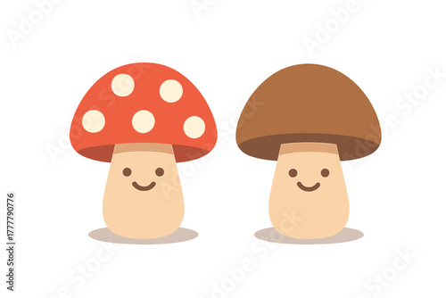 Adorable smiling toadstool and boletus fungi characters standing side by side
