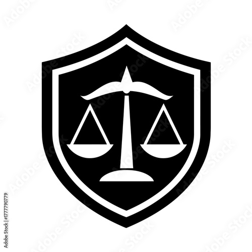 Law and Justice Shield Icon. Legal balance scale symbol for court, attorney, lawyer, rights, fairness, and equity concept.