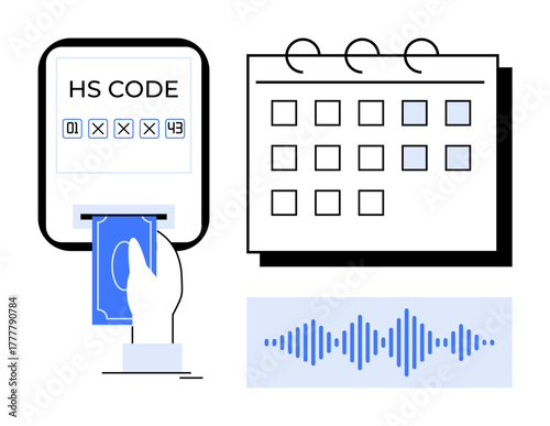 Hand inserting card into HS code scanner, spiral-bound calendar, soundwave graphic. Ideal for trade, logistics, customs, identification, planning scheduling digital communication. Simple flat