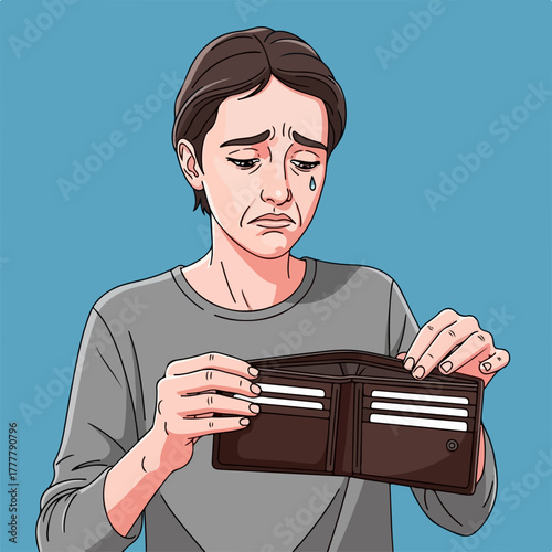 Desperate person with empty wallet with no money in their empty wallet, facing financial hardship. Empty wallet reflects economic problems, a symbol of being broke, feeling anguish and despair.