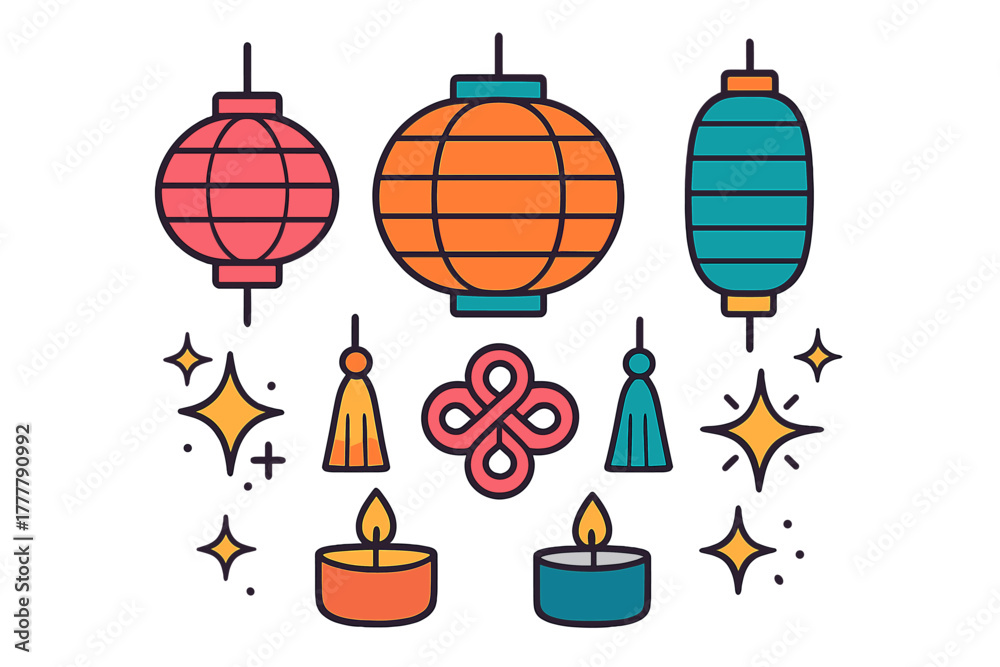 Naklejka premium Traditional Chinese New Year and Lunar Festival decorative elements set with lanterns, candles, and mystic knots