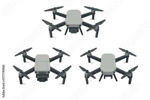 Set of three modern gray quadcopter drones with cameras in various isometric views