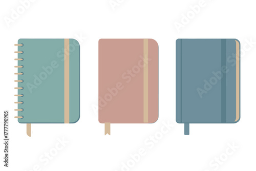Set of three pastel-colored closed diaries and planners with spiral binding