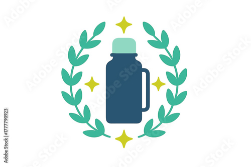 Insulated thermos bottle centered in a decorative green leaf wreath with sparkling yellow stars