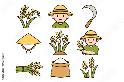 Collection of essential rice farming elements featuring a farmer, grain, sickle, and traditional straw hat