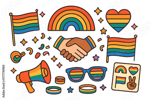 Set of LGBTQ pride symbols including rainbow flags, heart, handshake, and megaphone
