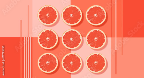 Vibrant Arrangement of Grapefruit Slices Against a Colorfully Geometric Backdrop Design
