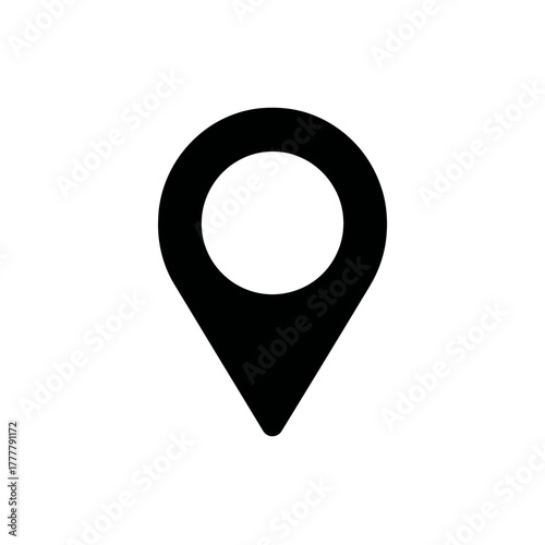 Simple black location pin icon for map, GPS navigation, travel, and business address indicator symbol on a white background