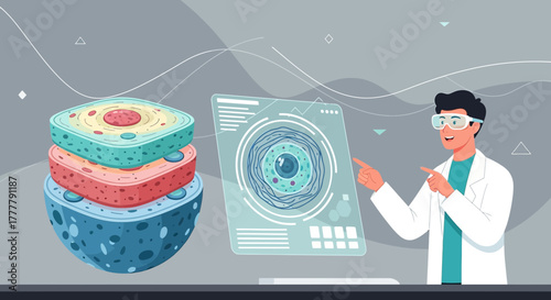 Innovative medical research exploring cell structure with virtual interface technology showcasing