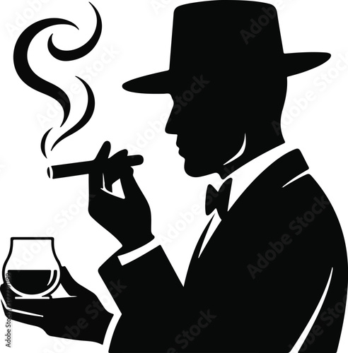 Vector silhouette of a man in a hat smoking a cigar and holding a glass of whiskey, isolated on white background
