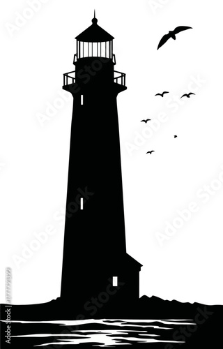Black silhouette of a classic lighthouse on the coast with flying seagulls, symbolizing guidance, safety, and marine navigation.