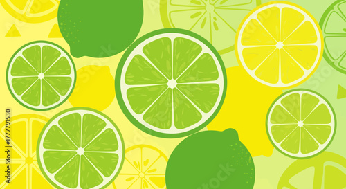 Vibrant Citrus Fruit Illustration Featuring Limes, Lemons, and Sunny Yellow Colors