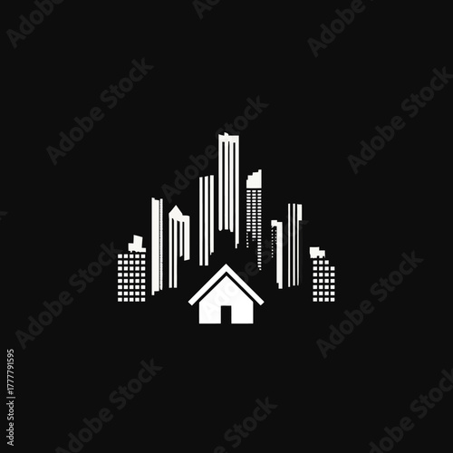 Home house icon in front of urban city skyline silhouette. Real estate property and commercial development concept graphic vector.
