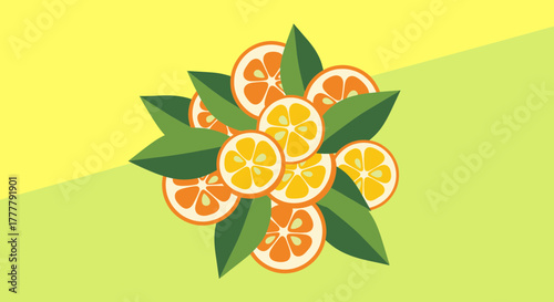 Vibrant Citrus Composition Depicting Sliced Oranges and Leaves in Floral Arrangement