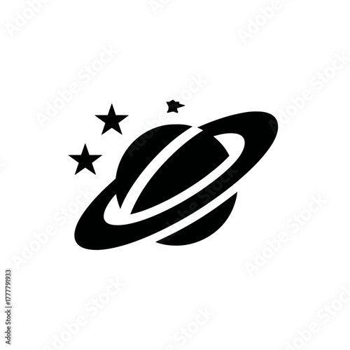 Minimalist black silhouette icon of a ringed planet with stars and small celestial body, symbolizing space, astronomy, and cosmic exploration.