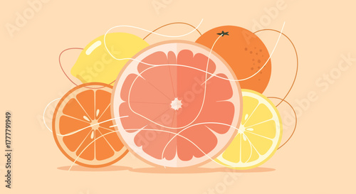 Vibrant Citrus Fruits Illustrated in Flat Style, Suitable for a Healthy Lifestyle