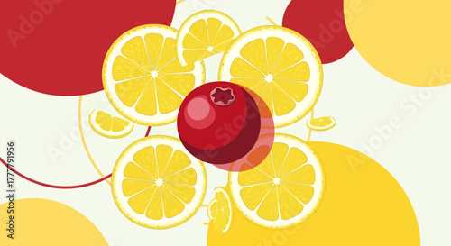 Vibrant Citrus Composition Featuring Lemon Slices and A Central Red Fruit Abstract Design