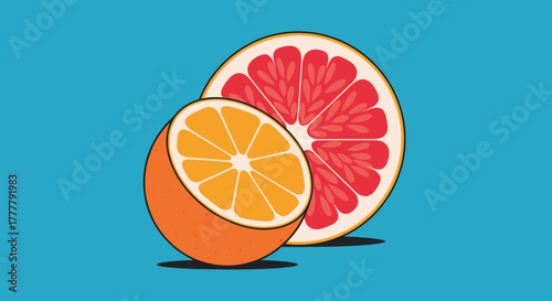 Vibrant Citrus Composition: Orange and Grapefruit Slice on Bold Blue Artistic Display