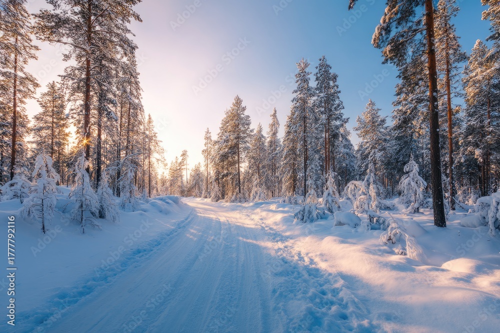 Obraz premium Snowy winter forest trail glowing with warm sunlight under clear blue sky, ideal for travel advertising, seasonal greeting designs, and peaceful nature backgrounds