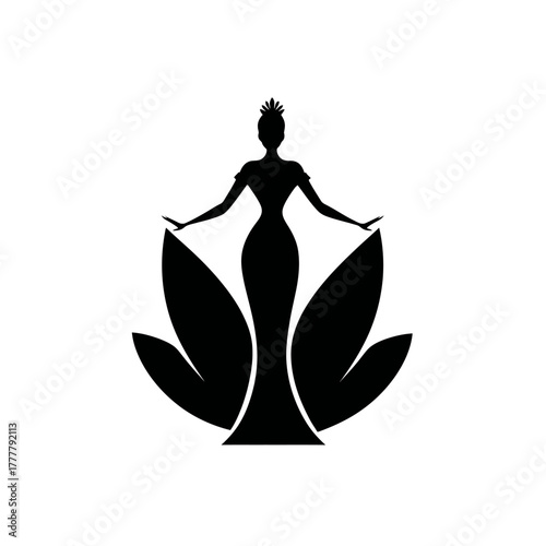 Elegant woman silhouette in a long dress with a crown, surrounded by stylized floral petals. A graceful vector icon symbolizing beauty, queen, and fashion.