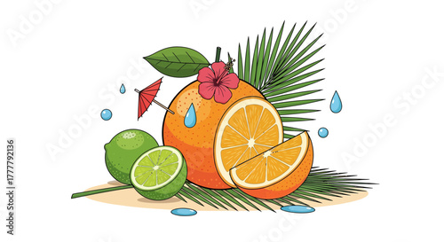 Vibrant Citrus Refreshment: An Artistic Display of Oranges, Limes, and Tropical Elements